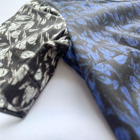 YIGAL AZROUEL BLACK BLUE WHITE ABSTRACT PATTERN SHORT SLEEVE SHEATH MIDI DRESS - Picture 8 of 12